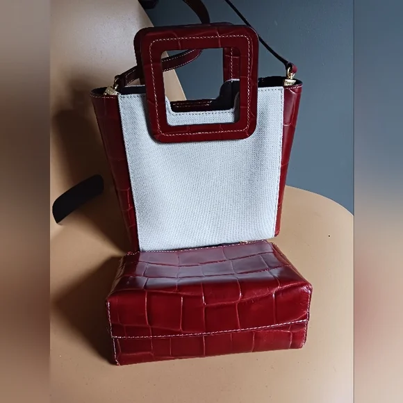 STAUD mini Shirley Bag in Canvas,burgundy Leather Crossbody Bag - Picture 2 of 16